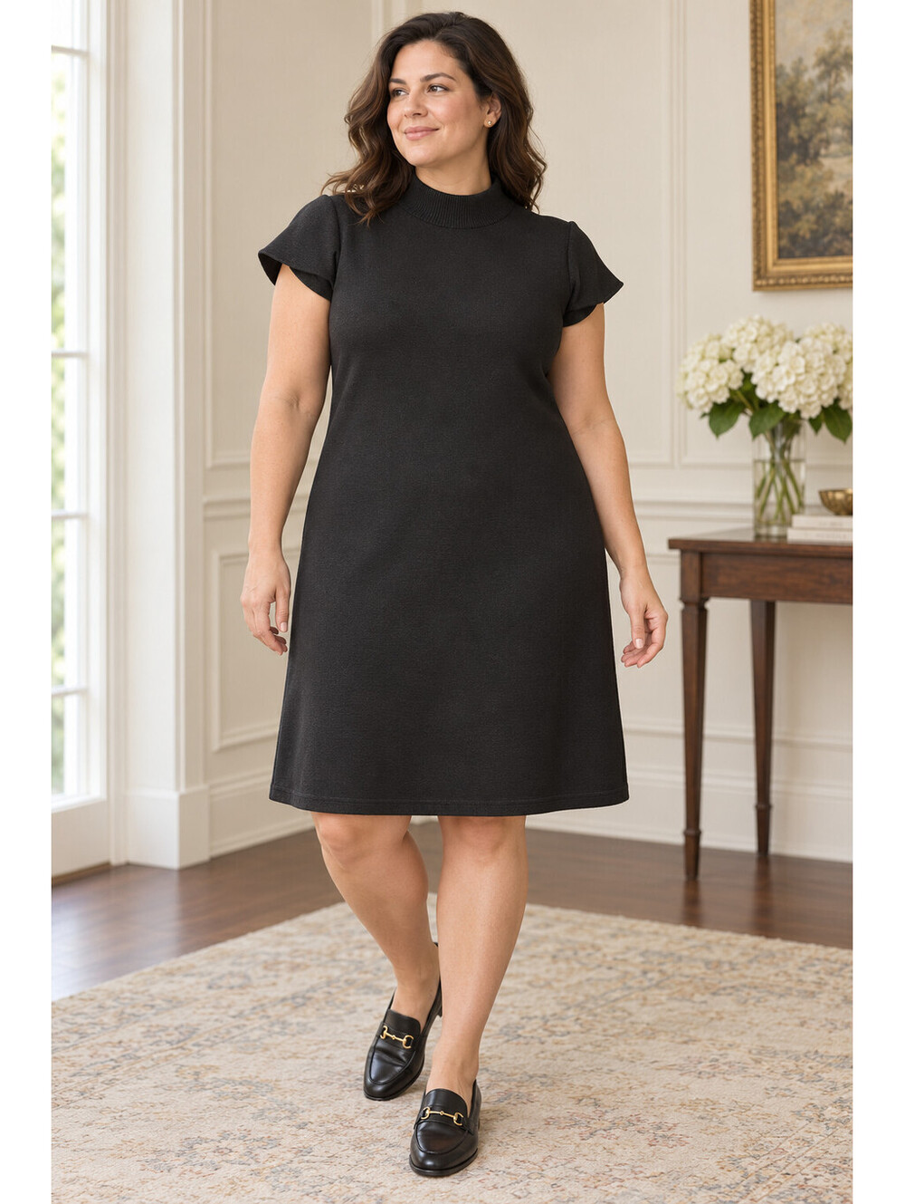 Nina Leonard Black Mock Neck Knit Dress Womens XL A-Line Old Money Quiet Luxury